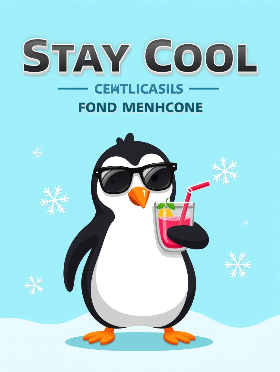 Juaner_font,
Theme: Stay Cool
Text Content and Position: "Stay" on the top left, "Cool" on the bottom right, large and metallic.
Visual Content: A cool cartoon penguin wearing sunglasses, sipping a tropical drink.
Background Description: A light blue, icy background with snowflakes.