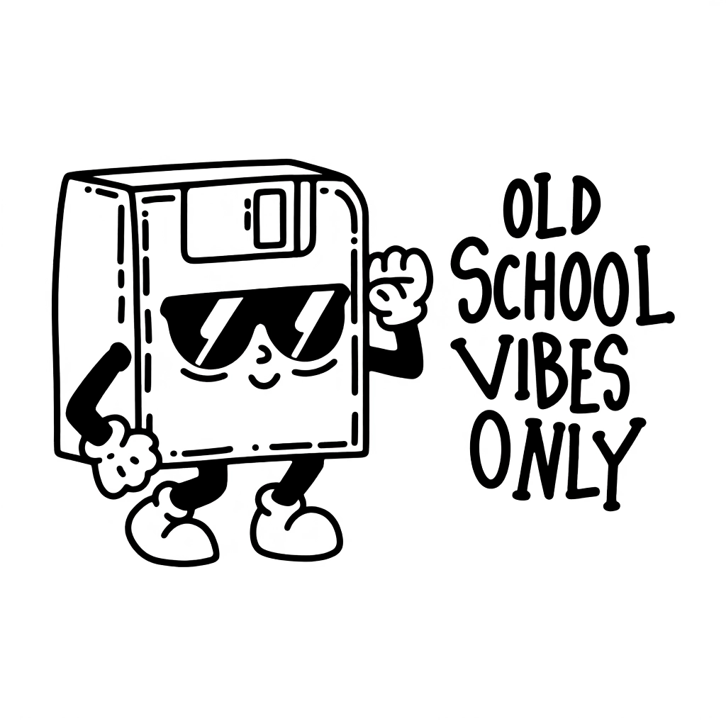 A doodle line drawing on a white background shows a floppy disk with tiny hands, wearing sunglasses. It has a smirk, and next to it, in retro letters, it says “OLD SCHOOL VIBES ONLY.”