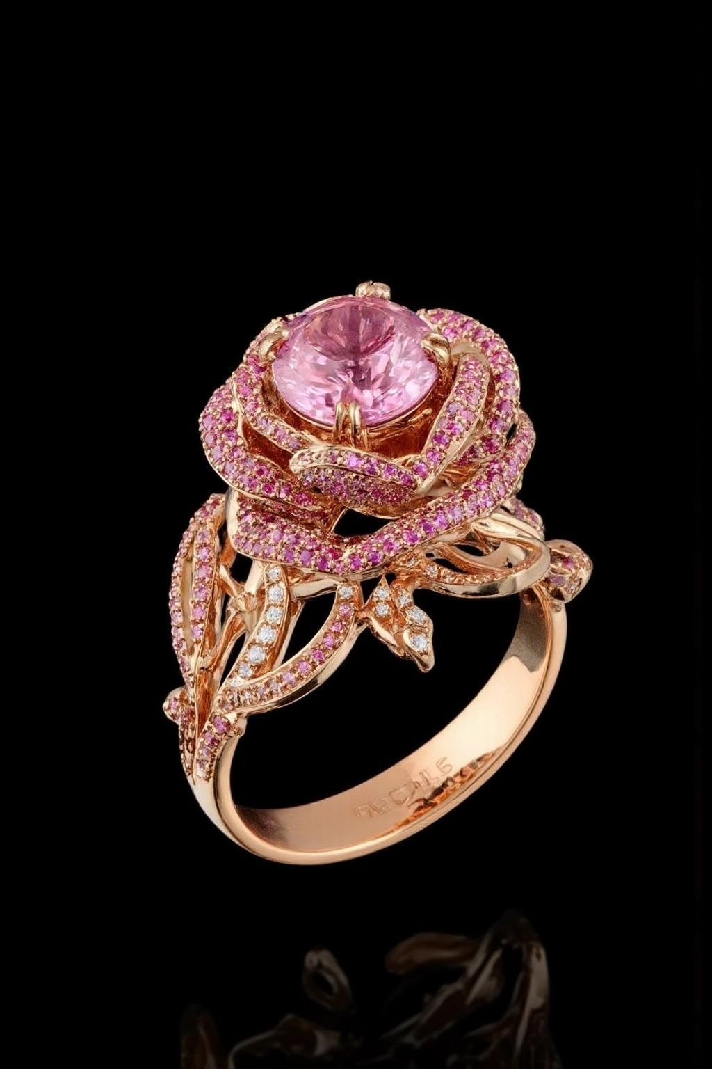 A statement ring in rose gold inspired by a blooming rose. The central stone is a round-cut pink tourmaline that forms the flower’s bud, with delicate petals shaped from small pavé-set pink sapphires. The band is detailed with leaf engravings and tiny diamonds. Set against a black background, the pink tones and delicate details are accentuated under soft light.