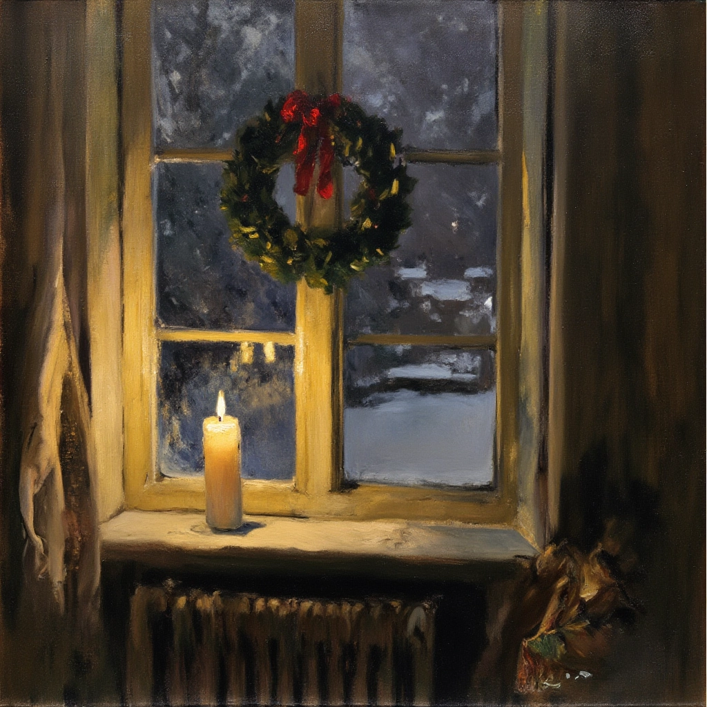 An oil painting by Joaquim Sorolla, portraying a quiet moment by the window on Christmas Eve. A single candle burns softly on a windowsill, casting its warm light across the dark room. Outside, snow gently falls, and the silhouettes of trees are visible in the distance. A small wreath with red ribbons adorns the window, adding a festive touch. The composition focuses on the peaceful contrast between the warmth of the candle and the cold, snowy night outside. Sorolla’s brushwork is soft and detailed, capturing the glow of the candlelight and the stillness of the scene. The palette is a mix of warm yellows and cool blues, evoking a serene, reflective mood.