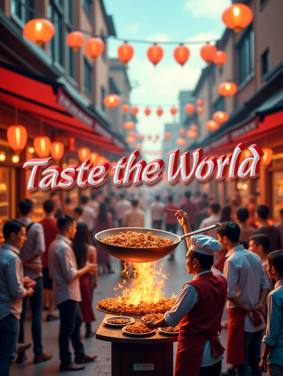 Juaner_font,

On a bustling street market with colorful stalls and lanterns, there is a line of text “Taste the World”, and the scene shows a chef tossing a wok of sizzling food in front of a crowd