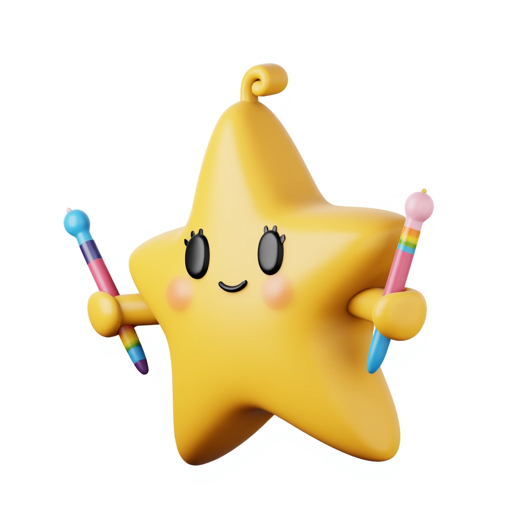 j_icon, A 3D rendered icon on a white background featuring a cheerful star character with rainbow paintbrushes as arms. The star is a vibrant yellow with a friendly smile and soft pastel accents around the edges. The materials are glossy and smooth, adding a playful, plastic-like texture. The icon is rendered from a front angle.