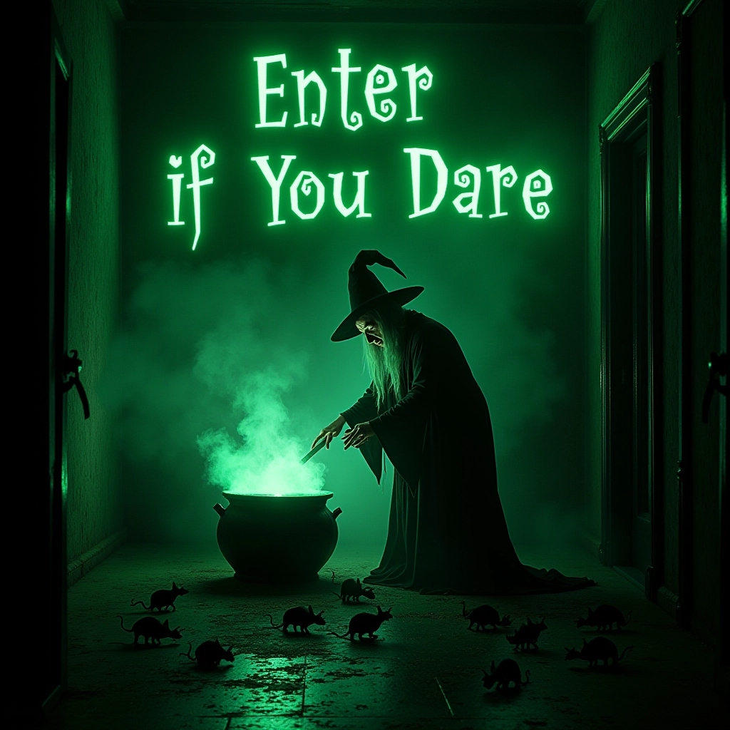 In a dimly lit haunted house, the words “Enter if You Dare” are written in eerie green, a sinister witch stirs a bubbling cauldron, with green smoke swirling around her as rats scurry across the floor