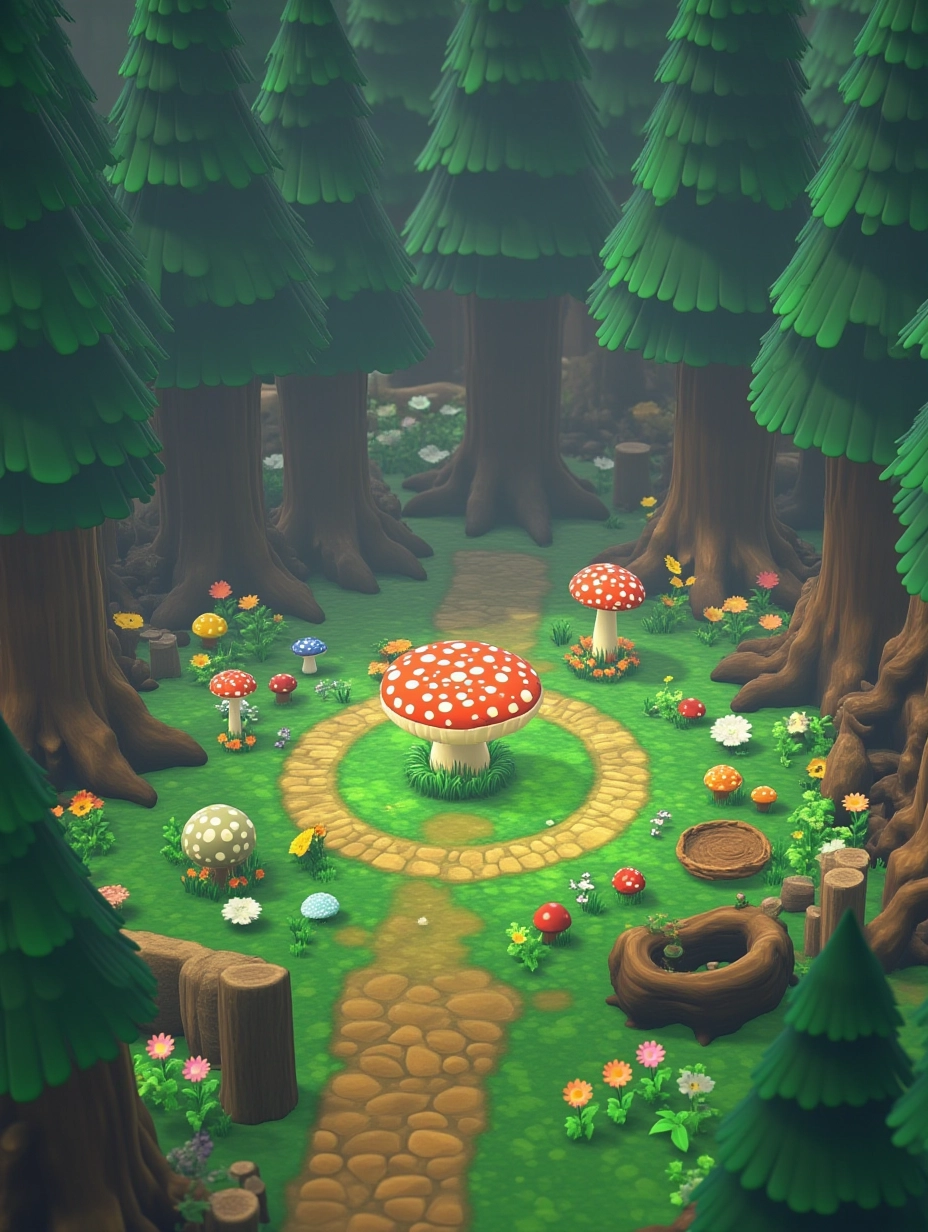 Juaner_game,An enchanting fairy circle in a misty forest clearing, with vibrant mushroom rings, glowing spores dancing in the air, and twisted, gnarled trees looming overhead.