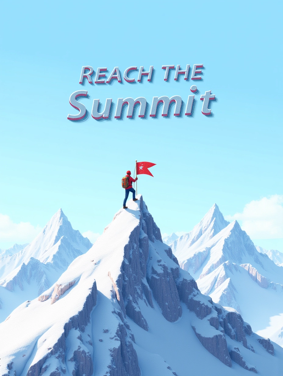 Juaner_font,

On a snowy mountain peak, there is a line of text “Reach the Summit,” the image shows a climber holding a flag