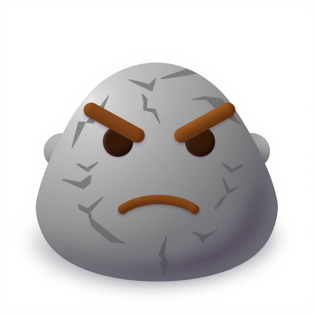 j_emoji,
A 3D rendered emoji on a white background with a gray, rock-textured face. Its expression is stern with sharp, angled eyebrows and a flat, straight mouth. Small cracks run across its surface, emphasizing strength and resilience.