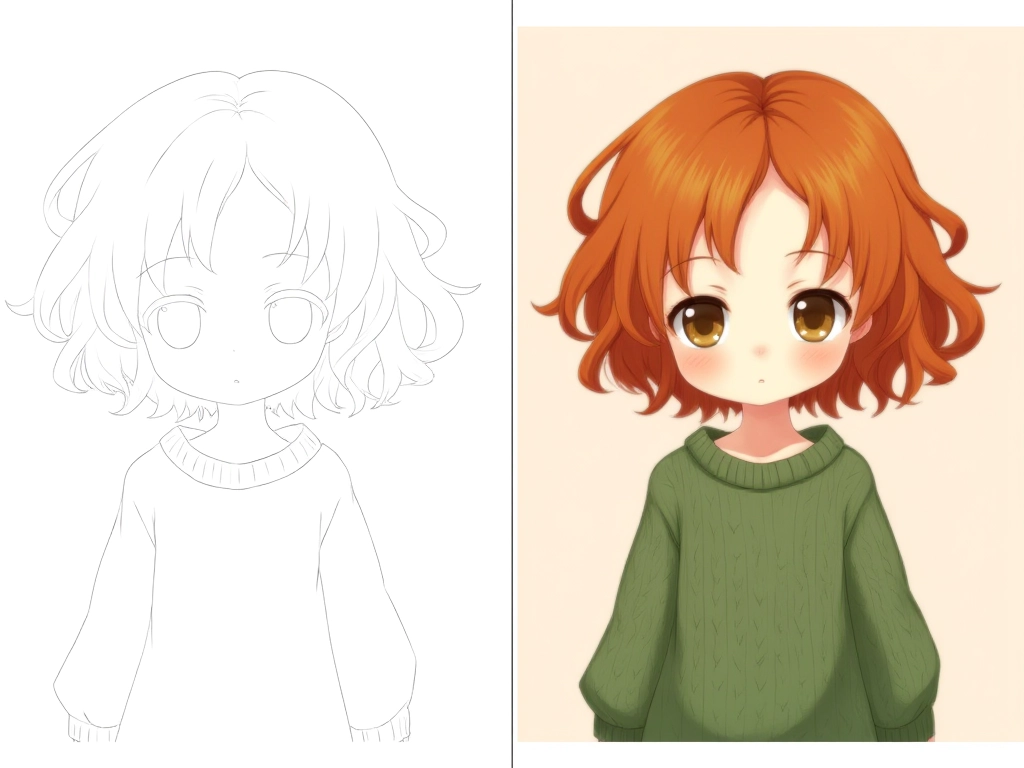 This is two versions of a picture, one is a black and white line draft, the other is a colored character illustration. Character settings are: a cute girl with bright red curly hair, pale skin, and large expressive brown eyes, her face is youthful with soft features and a small nose. She is wearing a cozy green knitted sweater with long sleeves that slightly cover her hands, the sweater is slightly oversized, giving her a relaxed and comfortable appearance.