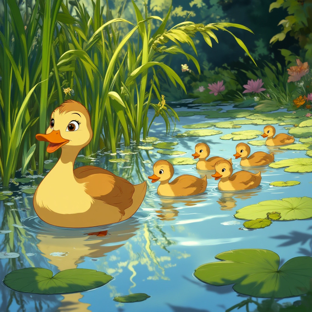 A mother duck is leading her ducklings across a tranquil pond, the little ones paddling close behind her as they navigate through the lily pads and reeds.