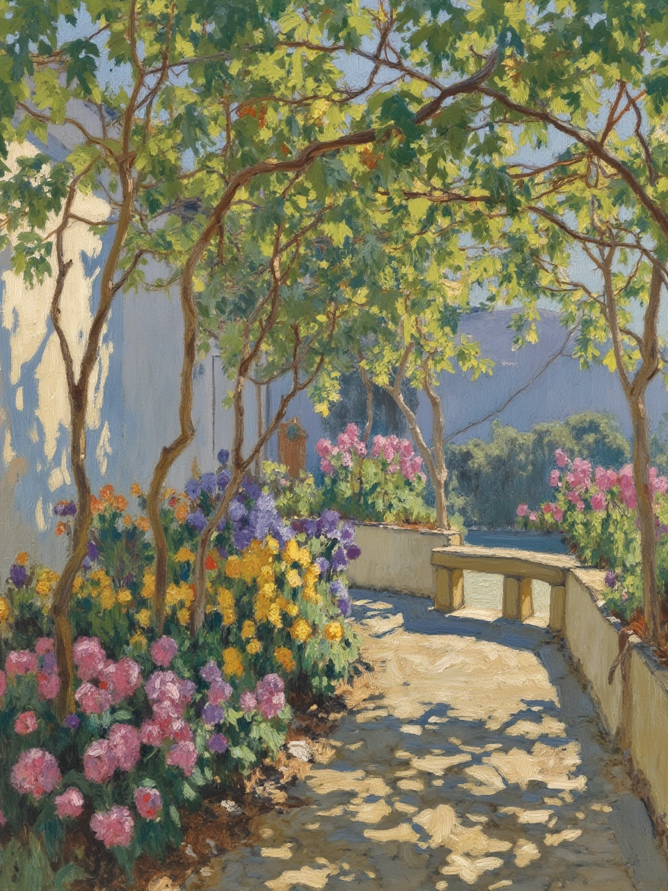 An oil painting by Konstantin Gorbatov, a quiet garden in the early morning. The garden is filled with colorful flowers in soft pinks, yellows, and purples. A small stone path winds through the scene, leading to a stone bench. The light is soft, and the air seems still. The palette is bright and fresh, with dappled sunlight filtering through the trees, creating vibrant patches of color on the ground.