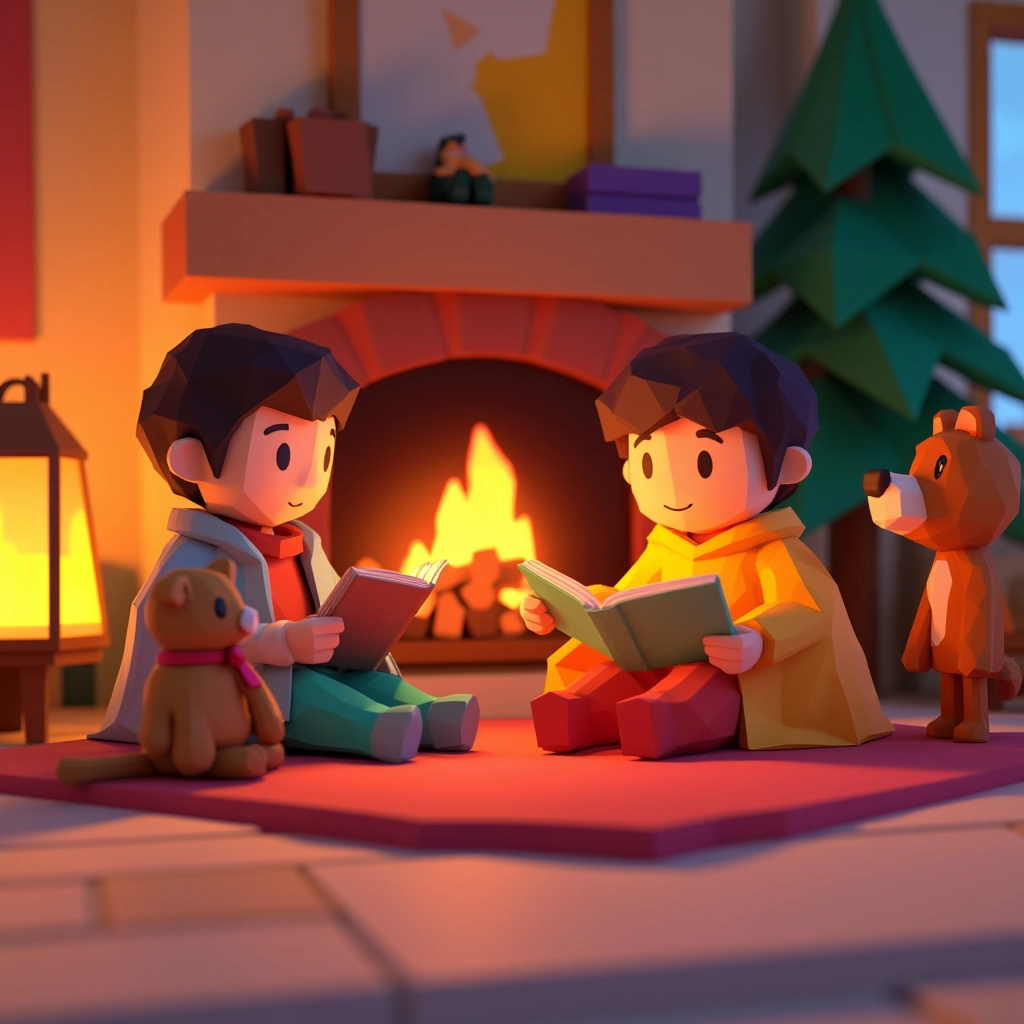 Juaner_lowpoly,A cozy scene of children nestled together reading stories, wrapped in plush blankets beside a crackling fire, with beloved stuffed animals standing cheerful vigil at their sides..