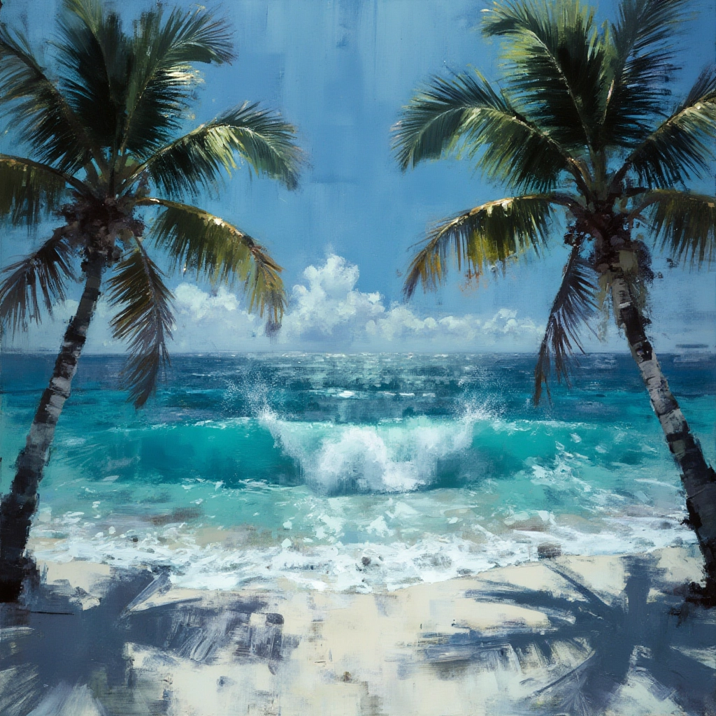 An oil painting by Jeremy Mann, depicting a vibrant tropical beach with turquoise waves crashing against white sand. The composition centers on the interplay of sunlight on the water, with bold, dynamic strokes capturing the motion and energy of the scene. The surrounding palm trees add a sense of balance and tranquility.