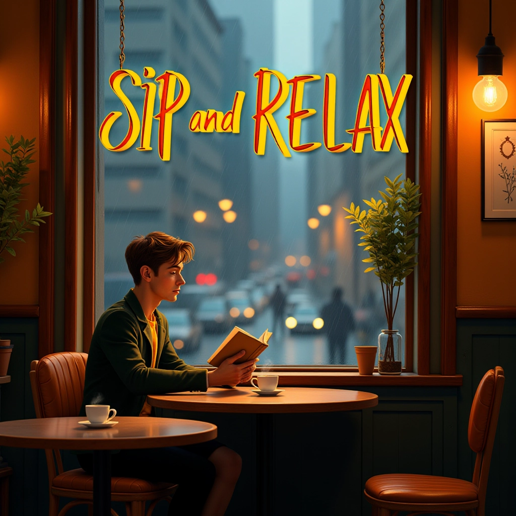 Juaner_font,

In a cozy coffee shop with wooden tables and a window view of rainy streets, the text says “Sip and Relax”, and a person is reading a book, sipping from a steaming cup of coffee