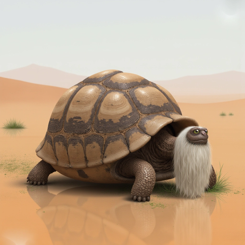 An elderly tortoise with a long, wispy white beard and a cracked shell, slowly making its way across a barren desert landscape, leaving a trail of lush greenery in its wake.