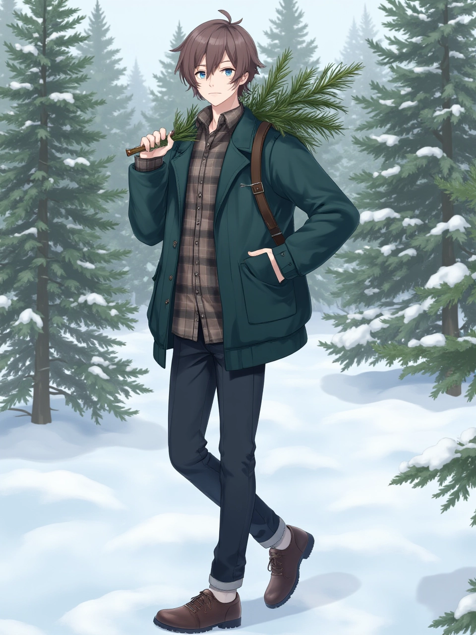 A tall boy with medium-length brown hair and calm blue eyes. He wears a cozy flannel shirt under a dark green coat and carries a freshly cut pine tree over his shoulder. The scene is a snow-covered forest clearing with scattered evergreen trees.