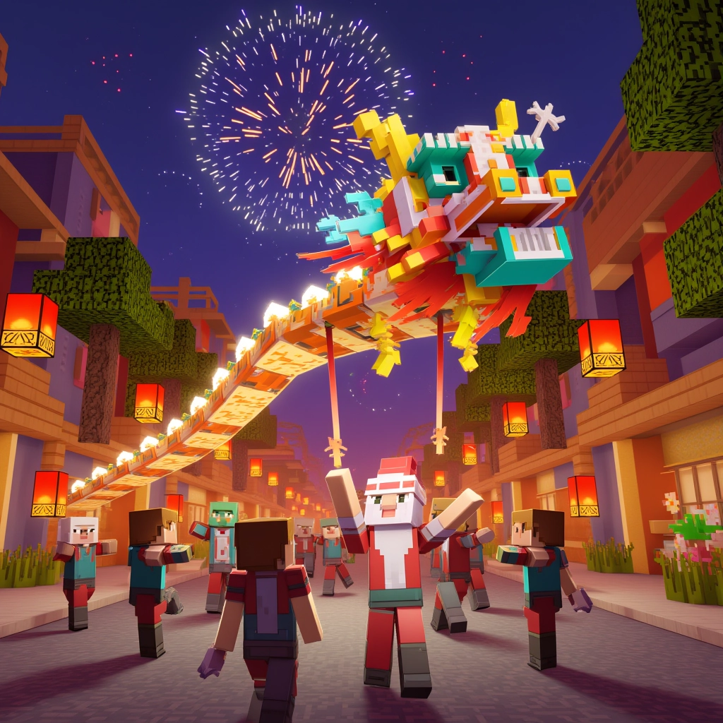 Minecraft style, a group of villagers is performing a dragon dance with a long, colorful dragon puppet. One villager with a white beard and a red hat is leading the group. The street is lined with lanterns and firecrackers, and the sky is filled with sparks. The camera angle is wide, showing the entire performance.