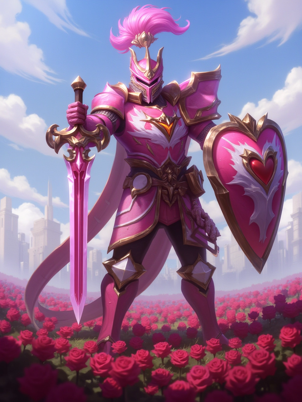 A noble and valiant knight, resplendent in gleaming pink and red armor emblazoned with heart crests, wielding a massive heart-shaped shield and sword, stands tall and proud upon a field of roses, ready to defend love and honor.