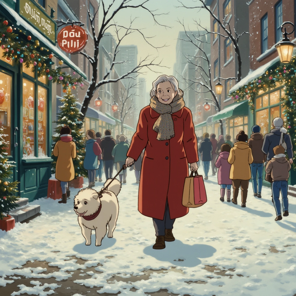 An elderly woman with silver hair, wearing a long red coat and a knitted scarf, walks her fluffy white dog through a winter wonderland. The streets are lined with shops decorated for the holidays, and cheerful shoppers carry bags of gifts. The air is crisp, and children can be seen making snow angels in the park.