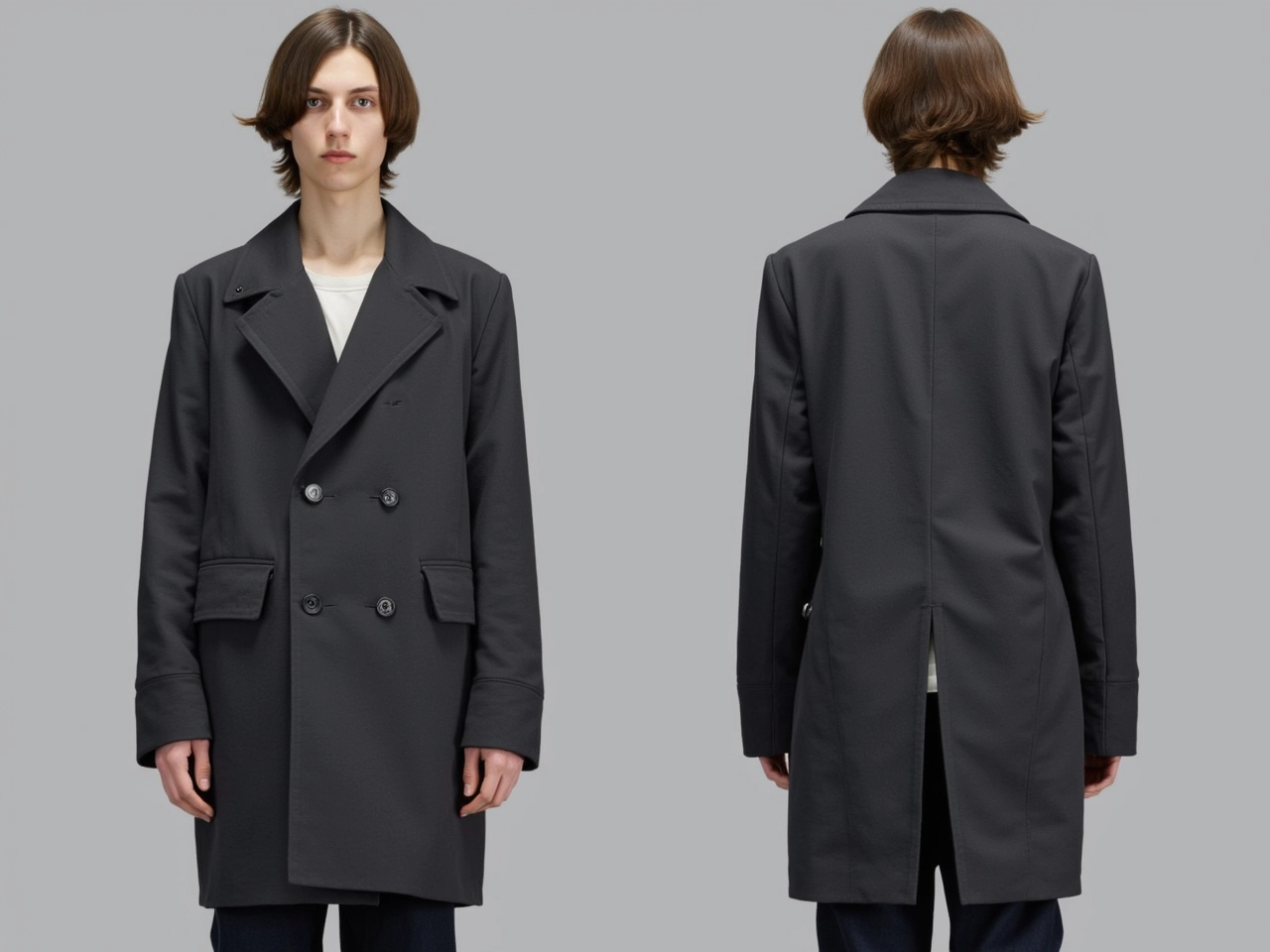 A photo of a model showing clothes from two perspectives: A male model with pale skin and shoulder-length brown hair wears a tailored coat in charcoal gray with an oversized fit. The front view highlights a double-breasted design, large lapels, and hidden side pockets. The back view features a slit at the hem. The background is light gray.