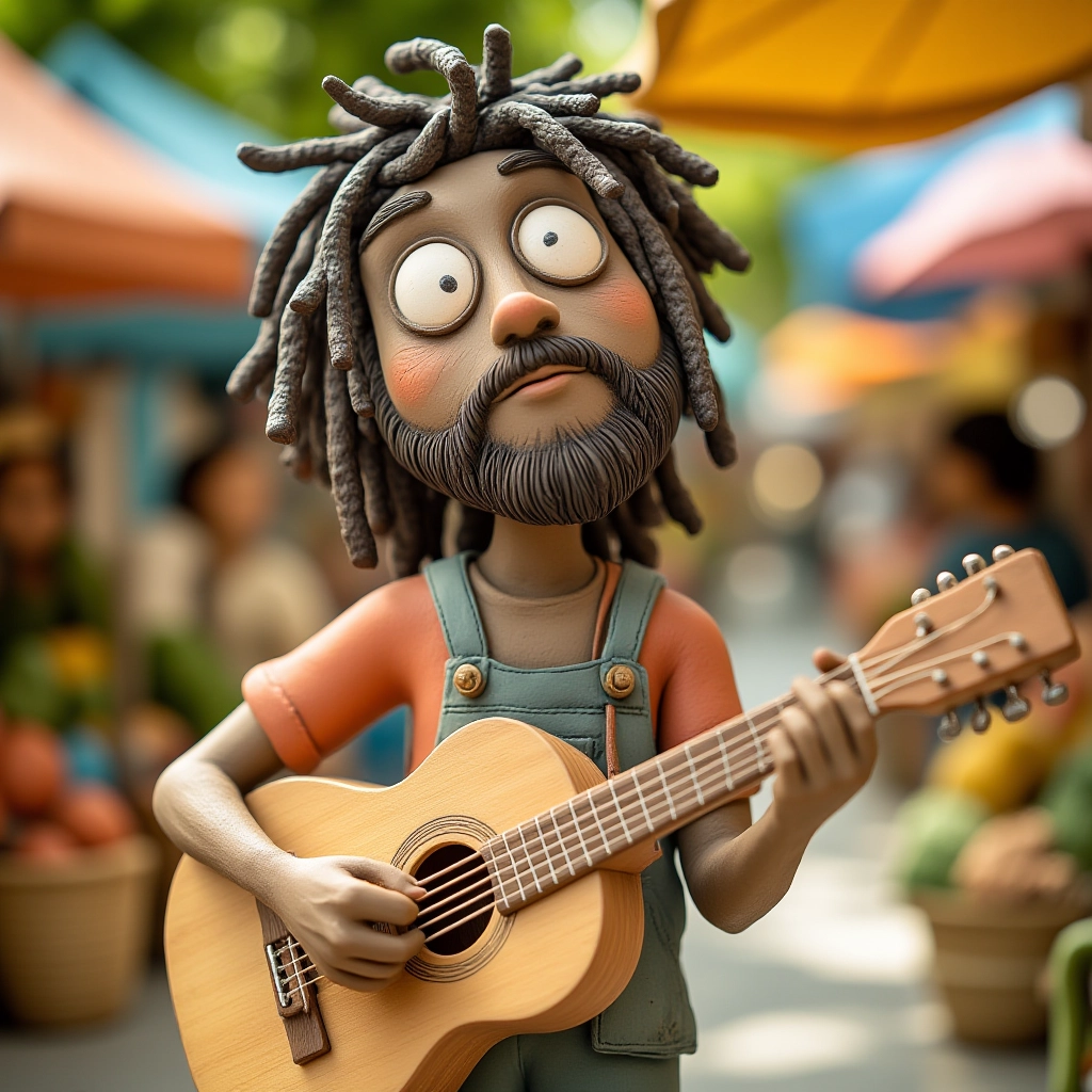 A talented musician with a soulful expression and dreadlocks, strumming a guitar in a lively outdoor market, with vibrant stalls selling fresh produce and colorful textiles.