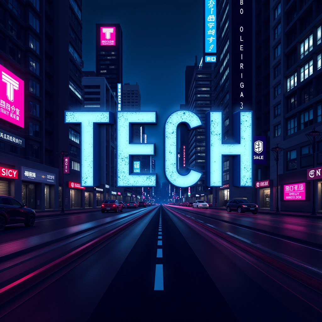 Juaner_font,
On a cyberpunk cityscape background, there is a word “TECH”