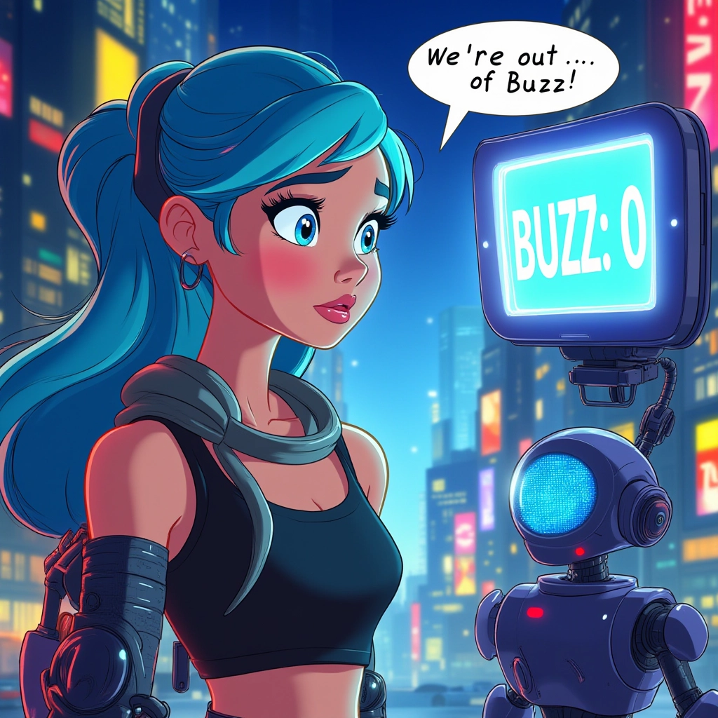 In a futuristic city, a girl with neon blue hair and a cybernetic arm, stares in disbelief at a holographic screen showing 'BUZZ: 0'. A robot companion beside her says in a speech bubble, 'We’re out of Buzz!' The skyline in the background glows with bright, pulsating lights.