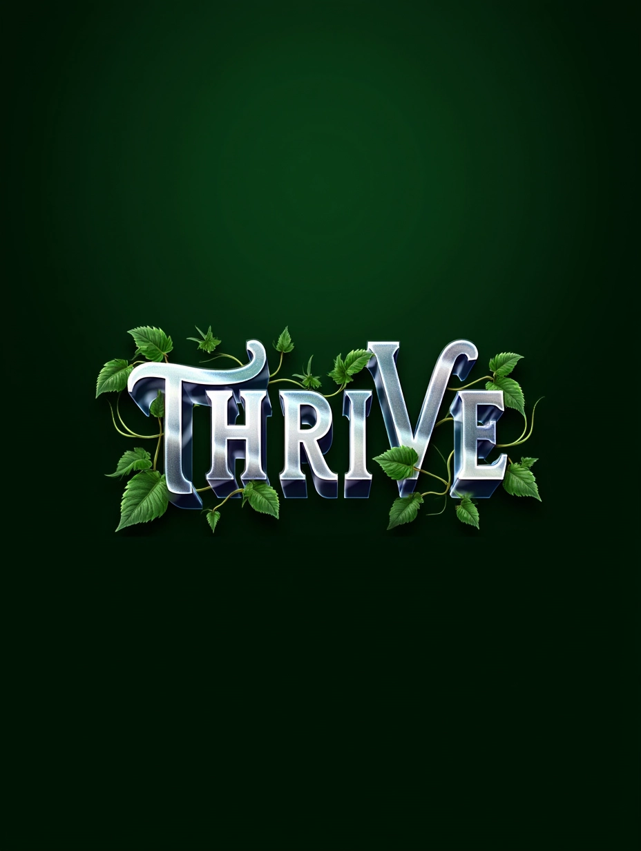 Juaner_font,
Sharp silver text forming "THRIVE" with plant vines and leaf accents, on a forest green background.