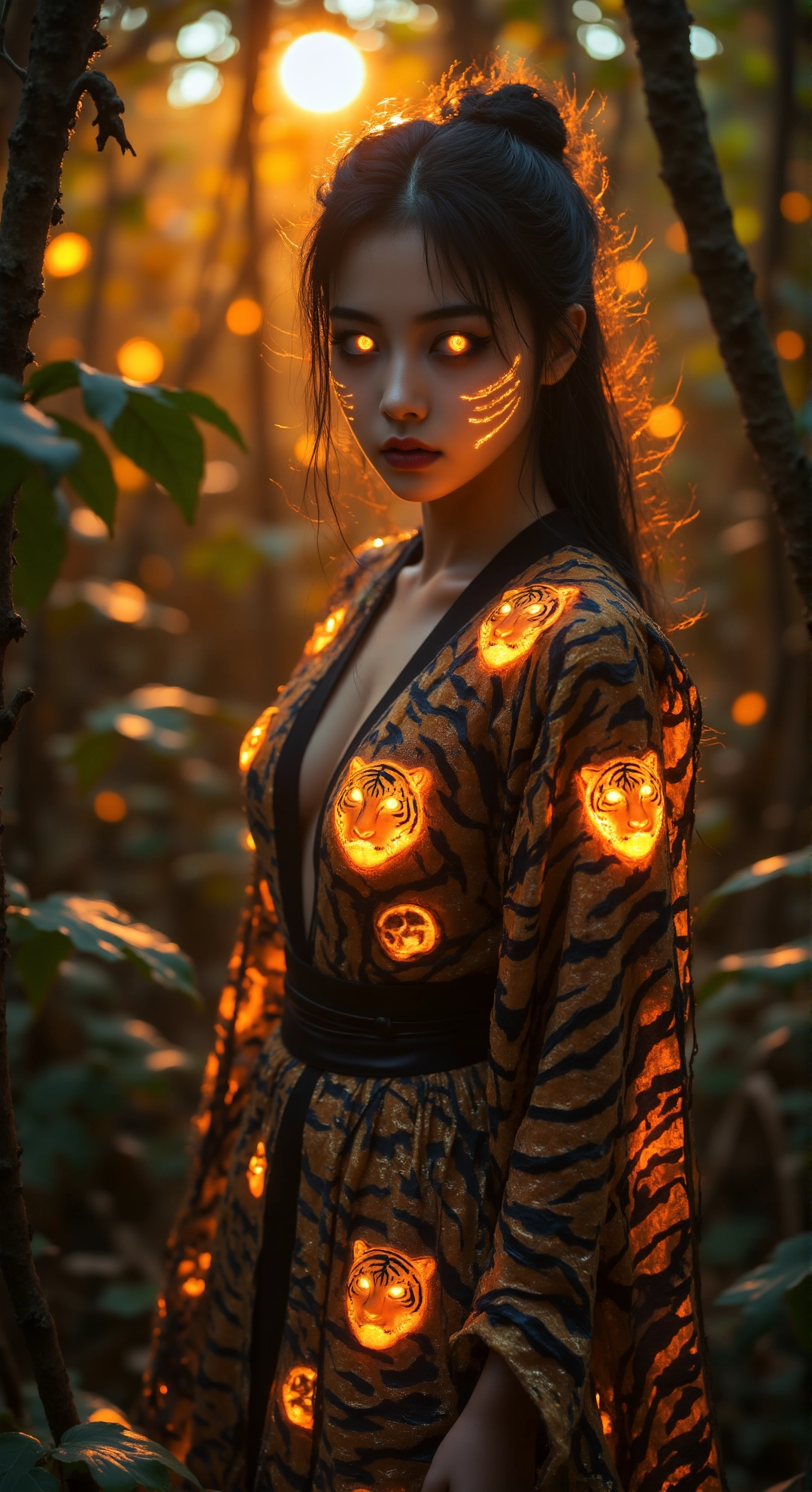 A photo of a young Asian woman as a tiger sorceress, with striped face paint and a robe adorned with glowing tiger eyes. Her gaze is fierce as she stands in a dense jungle illuminated by patches of moonlight. Shot with a 50mm lens, the warm golden lighting highlights her intense expression, creating a powerful and primal atmosphere.