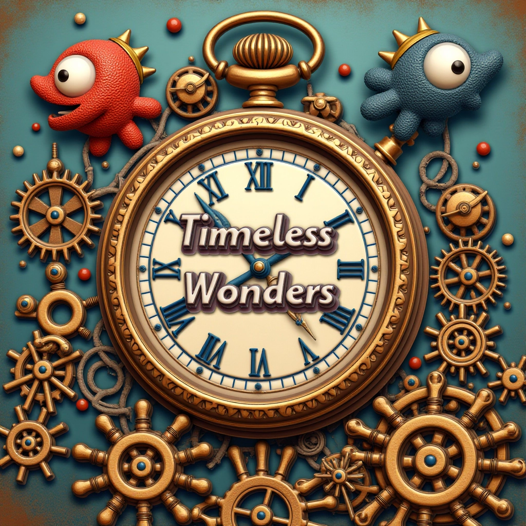 Juaner_font,

In a whimsical, steampunk-inspired world of gears and clockwork, the phrase "Timeless Wonders" is etched on a giant, ornate pocket watch, with fantastic mechanical creatures surrounding it.