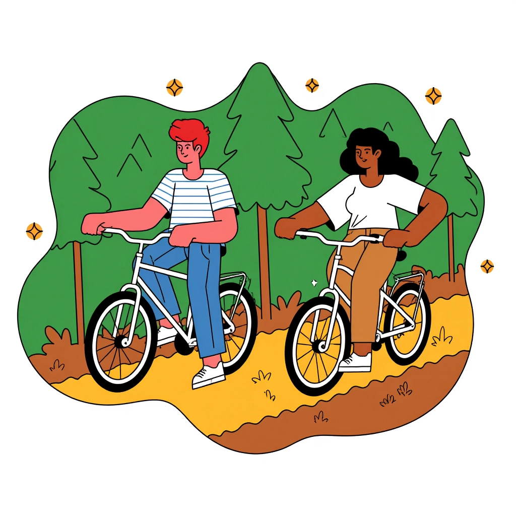 An illustration of a couple, one with light skin and short red hair wearing a striped shirt and jeans, and the other with medium brown skin, long curly black hair, wearing a flowy white blouse and khaki shorts, riding bicycles on a forest trail. The trail is bordered by tall trees and wildflowers. The background incorporates earthy greens and browns with abstract triangles and dots.

