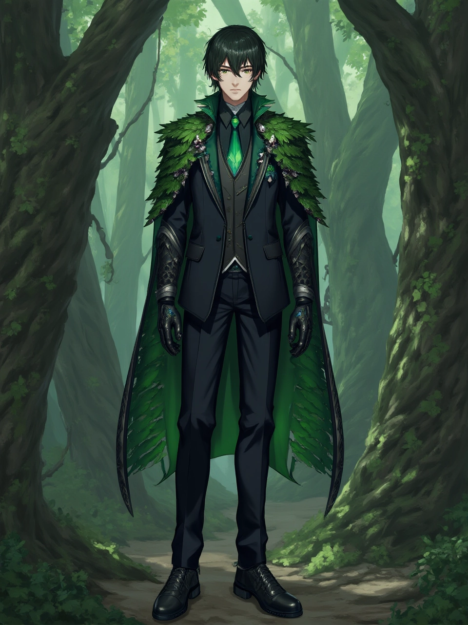 A stoic man with short, straight black hair and intense emerald eyes. He’s dressed in a dark suit with fern-like embroidery and a long cape made of shimmering green leaves. His gloves resemble bark, and he holds a tall staff with a glowing green crystal at the top. He stands in an ancient grove, surrounded by towering trees covered in vines.