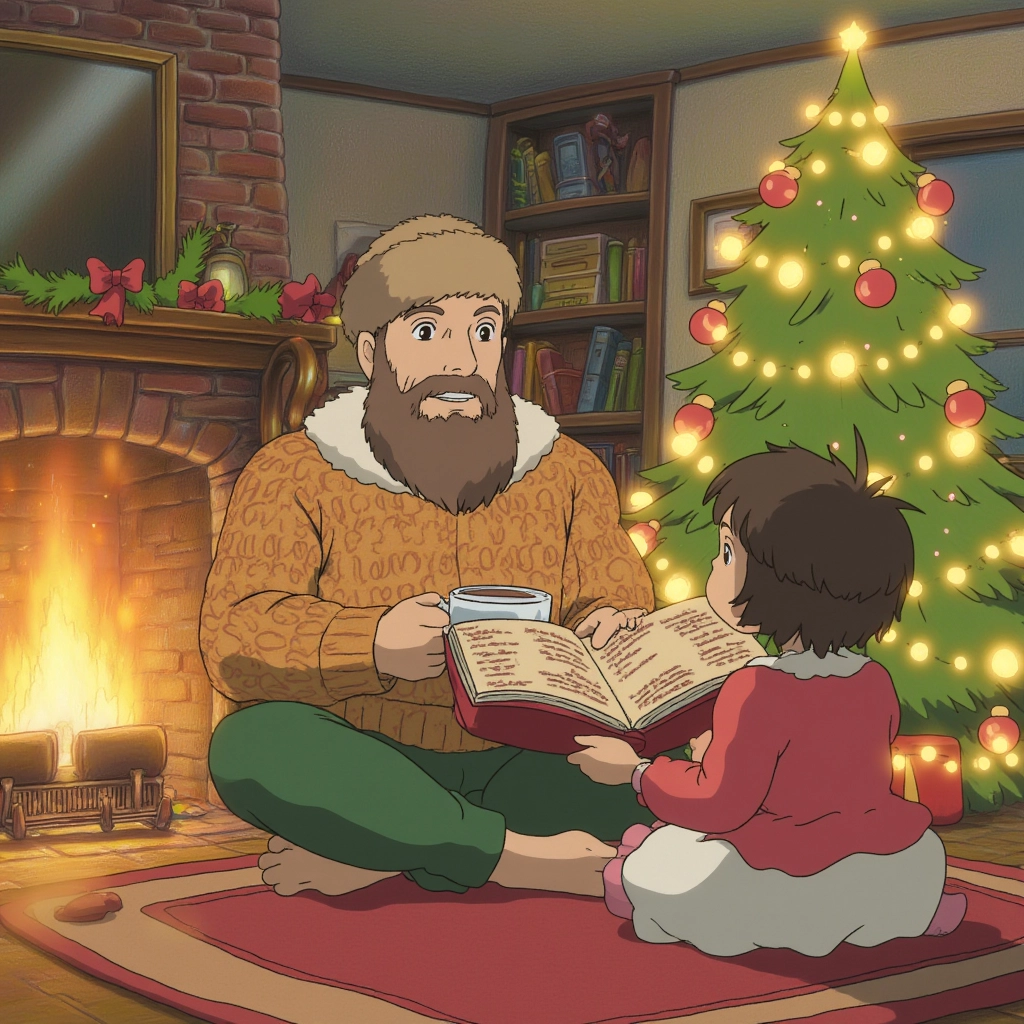 A middle-aged man with a bushy beard, dressed in a cozy sweater and a woolen hat, sits by a roaring fireplace. The room is decorated with holiday ornaments and a tall Christmas tree sparkling with lights. He holds a mug of hot cocoa, smiling as he reads a storybook to his daughter, who sits cross-legged on the rug.