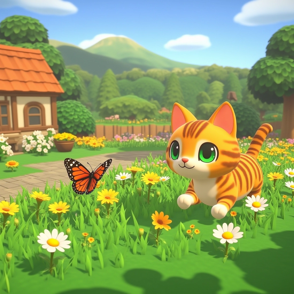 A curious tabby cat with bright green eyes, chasing a butterfly through a field of wildflowers, with a quaint countryside cottage and rolling hills in the background.