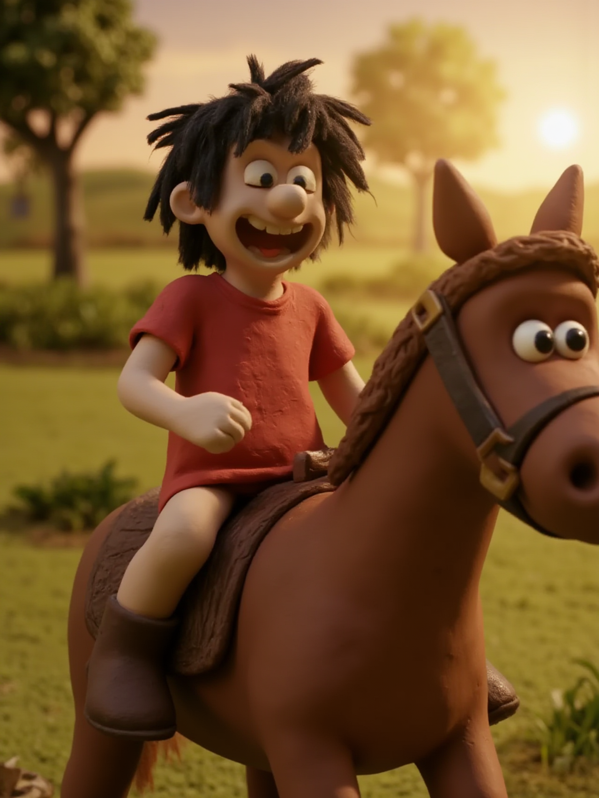 A young boy with messy black hair, wearing a red T-shirt and shorts, laughs as he rides a brown horse across the field. The scene takes place in the early morning, with soft golden sunlight breaking through the trees. The camera angle is from the side, showing the boy’s joyful expression and the horse’s muscular form. The clay material on the horse has a rough, natural texture, with the boy’s clothes and hair being smoother for contrast.