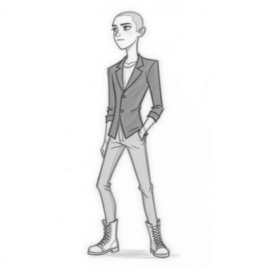 A pencil draft., 

A young, androgynous individual with pale skin, striking green eyes, and a shaved head, dressed in a sleek, all-black ensemble consisting of skinny jeans, a fitted blazer, and combat boots.