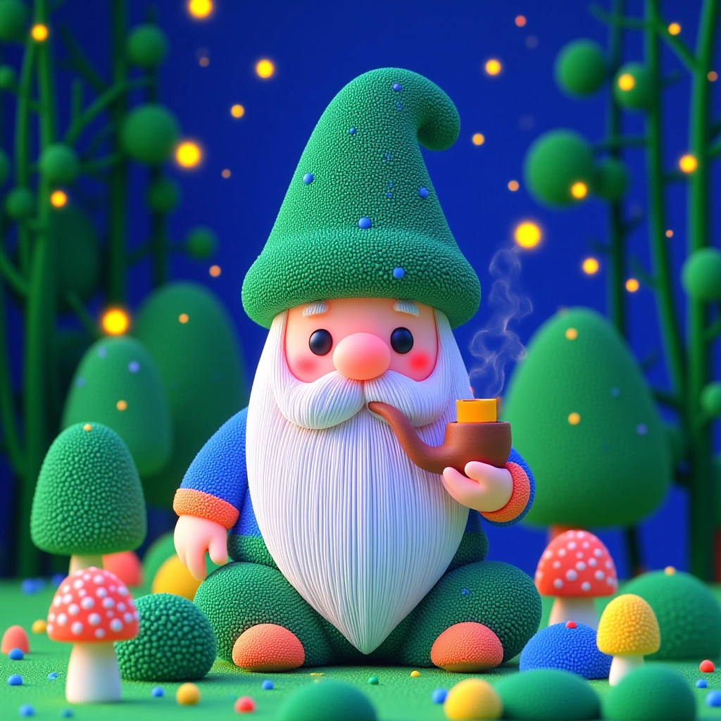 Juaner_cute,
A whimsical old gnome with a long white beard, wearing a pointed hat and smoking a pipe, surrounded by mushrooms and glowing fireflies in a mystical forest.