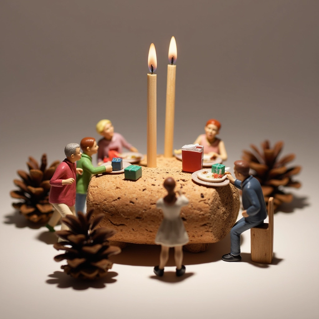 A miniature scene of tiny people celebrating Christmas around a cork used as a dining table. The tiny figures are eating, exchanging small gifts, and enjoying the holiday. Tiny candles made from toothpicks light the scene, and the table is decorated with miniature pinecones.