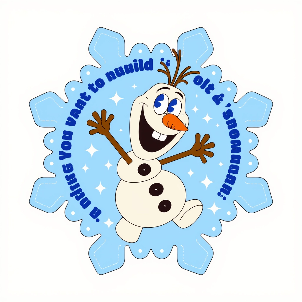 A cartoon sticker of Olaf the Snowman from Frozen with a cheerful grin, surrounded by a snowflake-shaped border, with the text "Do You Want to Build a Snowman?" against a crisp white background.