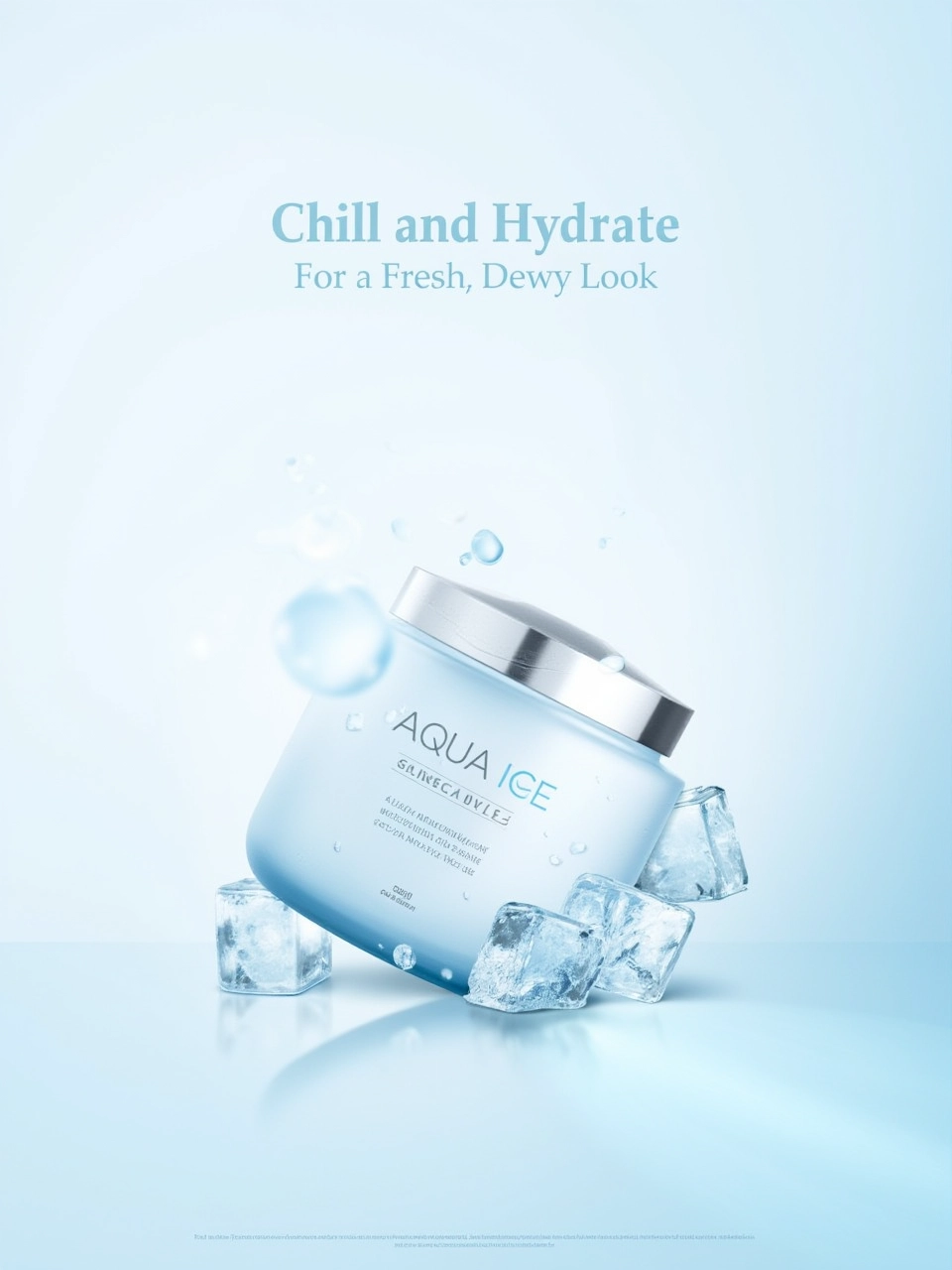 A poster of a cooling gel moisturizer in a frosted glass jar with a silver lid, branded "AQUA ICE." The moisturizer is surrounded by gentle ice cubes and water droplets. The background is a serene icy blue gradient. The text "Chill and Hydrate" is written in sleek, bold font at the top, with "For a Fresh, Dewy Look" in smaller font beneath.