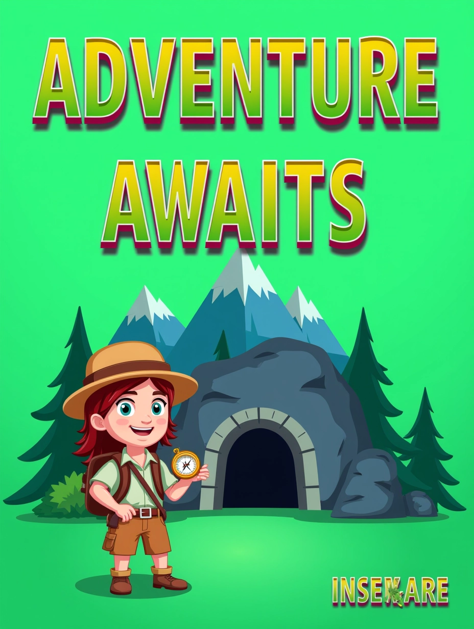 Juaner_font,
Theme: Adventure Awaits
Text Content and Position: "Adventure" at the top, "Awaits" at the bottom, bold and metallic.
Visual Content: A cartoon explorer with a compass, standing in front of a mysterious cave.
Background Description: A bright green and blue background with trees and mountains.